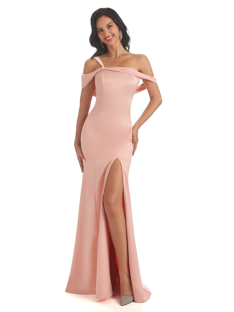 Elegant One Shoulder Side Slit Mermaid Satin Maxi Party Prom Dresses Online Sale