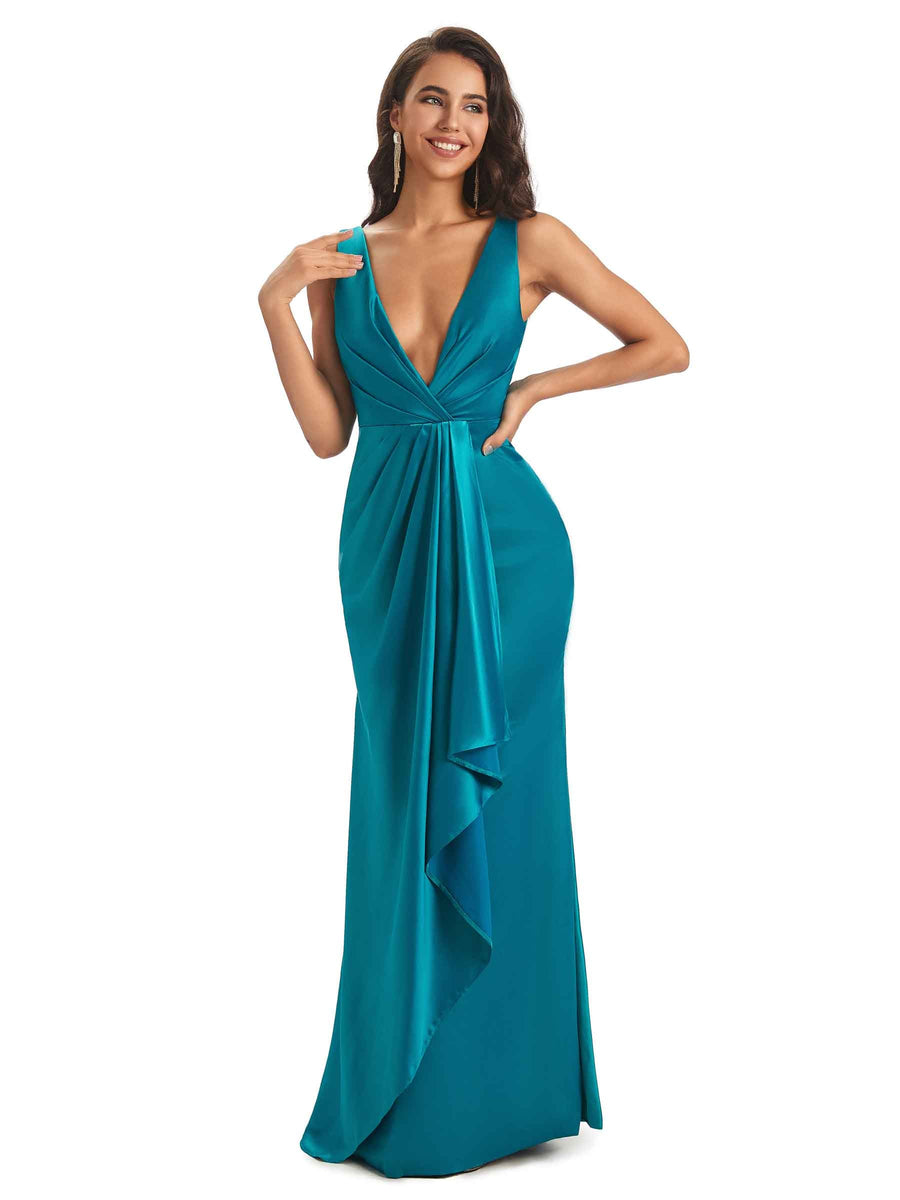Sexy Unique V-neck Long Satin Prom Dresses Online With Slit