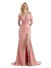 Sexy Soft Satin Side Slit Off The Shoulder Mermaid Long Gown For Wedding Guest
