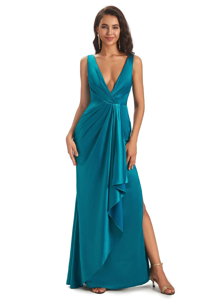 Sexy Unique V-neck Long Satin Prom Dresses Online With Slit