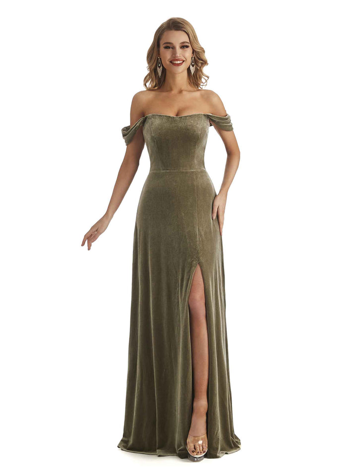 Elegant Mermaid Off the Shoulder Unique Velvet Winter Long Formal Dresses Side Slit