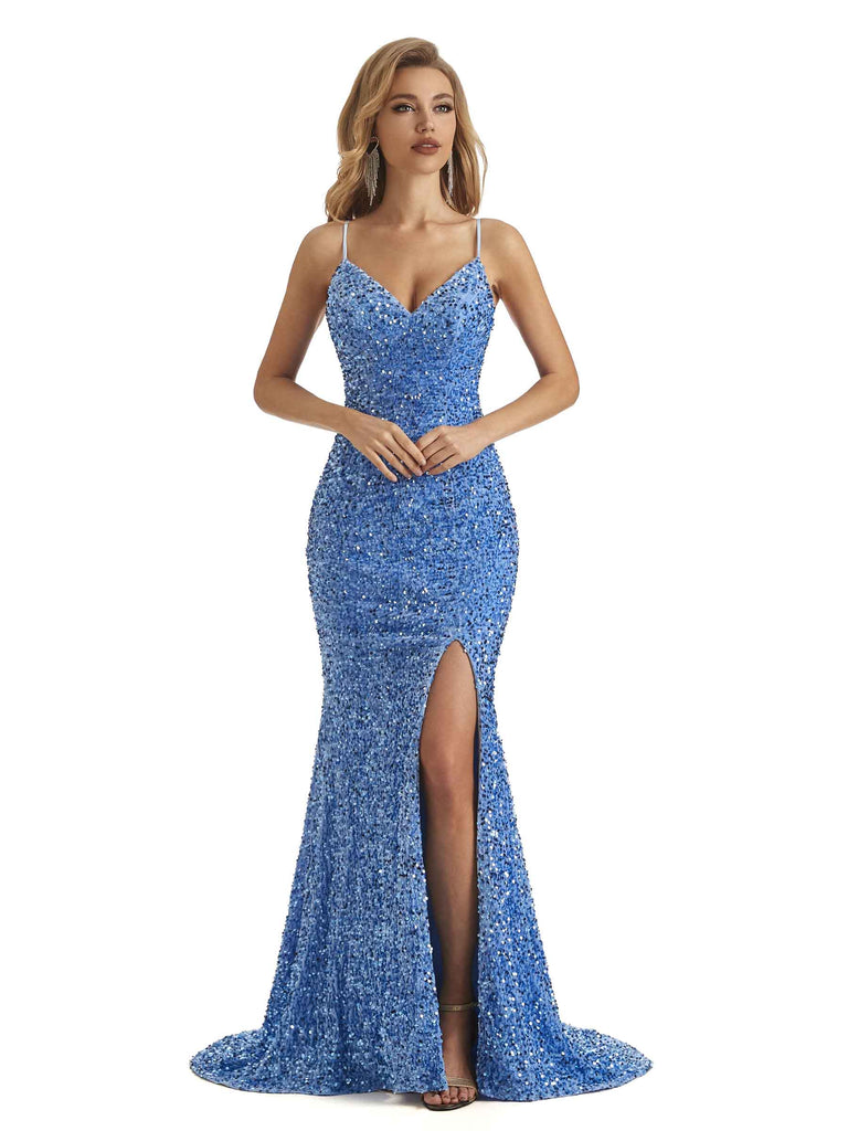 Sparkly Sequin Mermaid Spaghetti Straps Sexy Side Slit Long Formal Prom Dresses