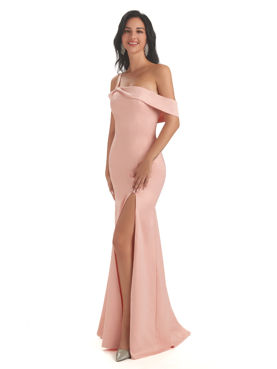 Off The Shoulder Soft Satin Side Slit Mermaid Long Maxi Bridesmaid Dresses