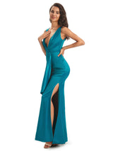 Sexy Soft Satin Side Slit V-neck Floor-Length Long Bridesmaid Dresses Online
