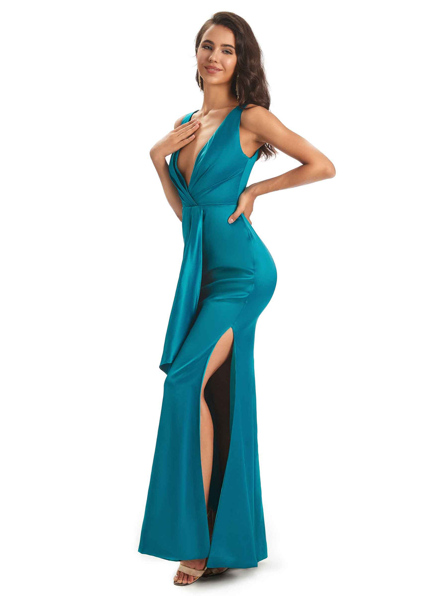 Sexy Soft Satin Side Slit V-neck Floor-Length Long Bridesmaid Dresses Online
