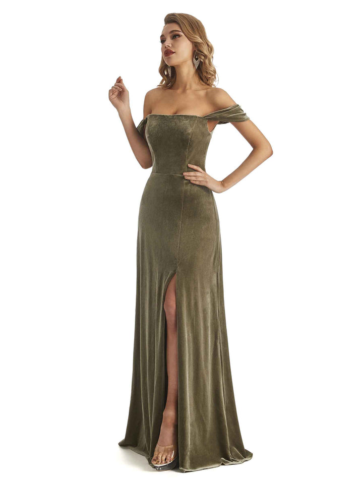 Elegant Mermaid Off the Shoulder Unique Velvet Winter Long Formal Dresses Side Slit