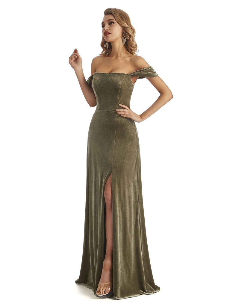 Elegant Mermaid Off the Shoulder Unique Velvet Side Slit Long Wedding Guest Dresses - ChicSew Elegant Mermaid Off the Shoulder Unique Velvet Side Slit Long Wedding Guest Dresses - ChicSew