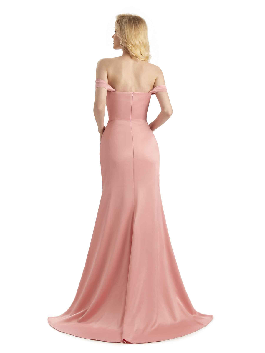 Sexy Soft Satin Side Slit Off The Shoulder Long Mermaid Wedding Guest Dresses