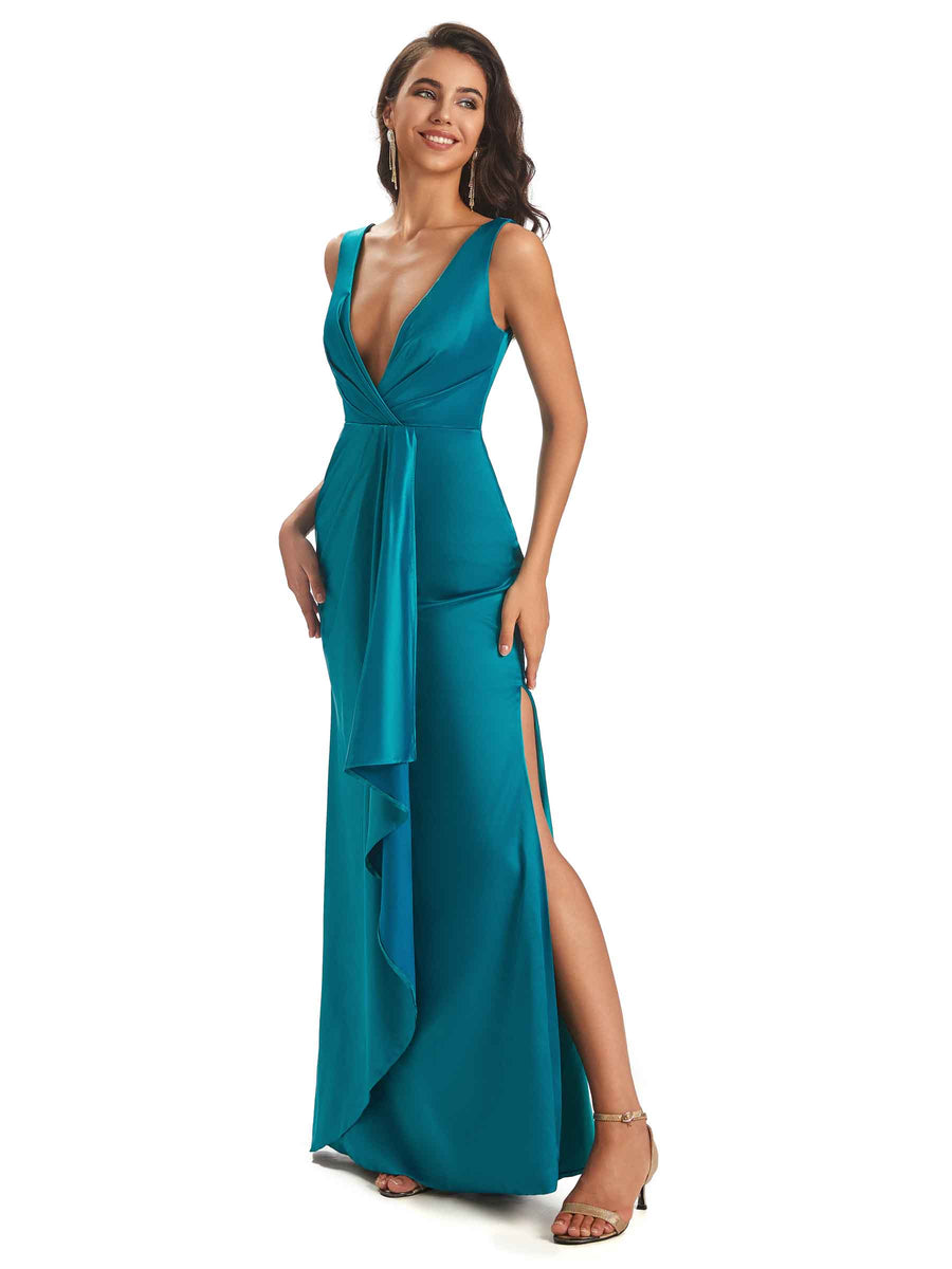 Sexy Soft Satin Side Slit V-neck Floor-Length Long Bridesmaid Dresses Online