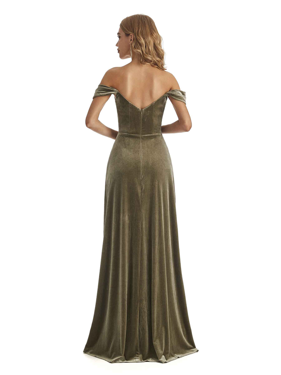 Elegant Mermaid Off the Shoulder Unique Velvet Side Slit Long Bridesmaid Dresses