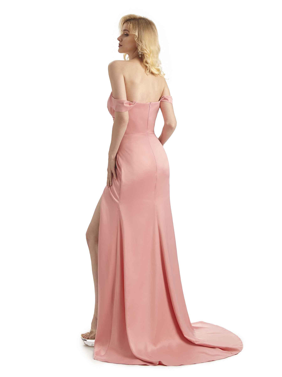 Sexy Soft Satin Side Slit Off The Shoulder Long Mermaid Wedding Guest Dresses