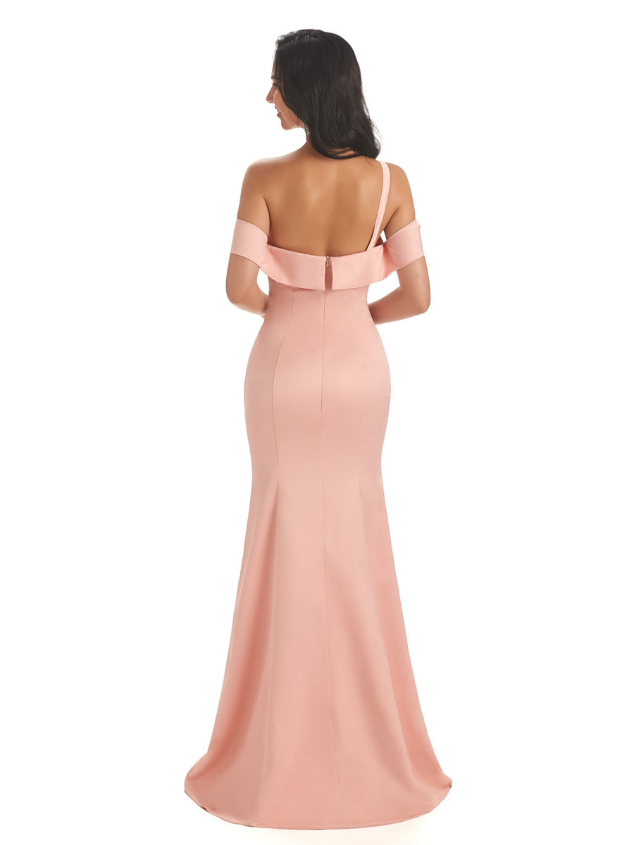 Elegant One Shoulder Side Slit Mermaid Satin Maxi Party Prom Dresses Online Sale