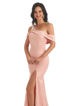 One Shoulder Soft Satin Side Slit Mermaid Long Prom Dresses Online
