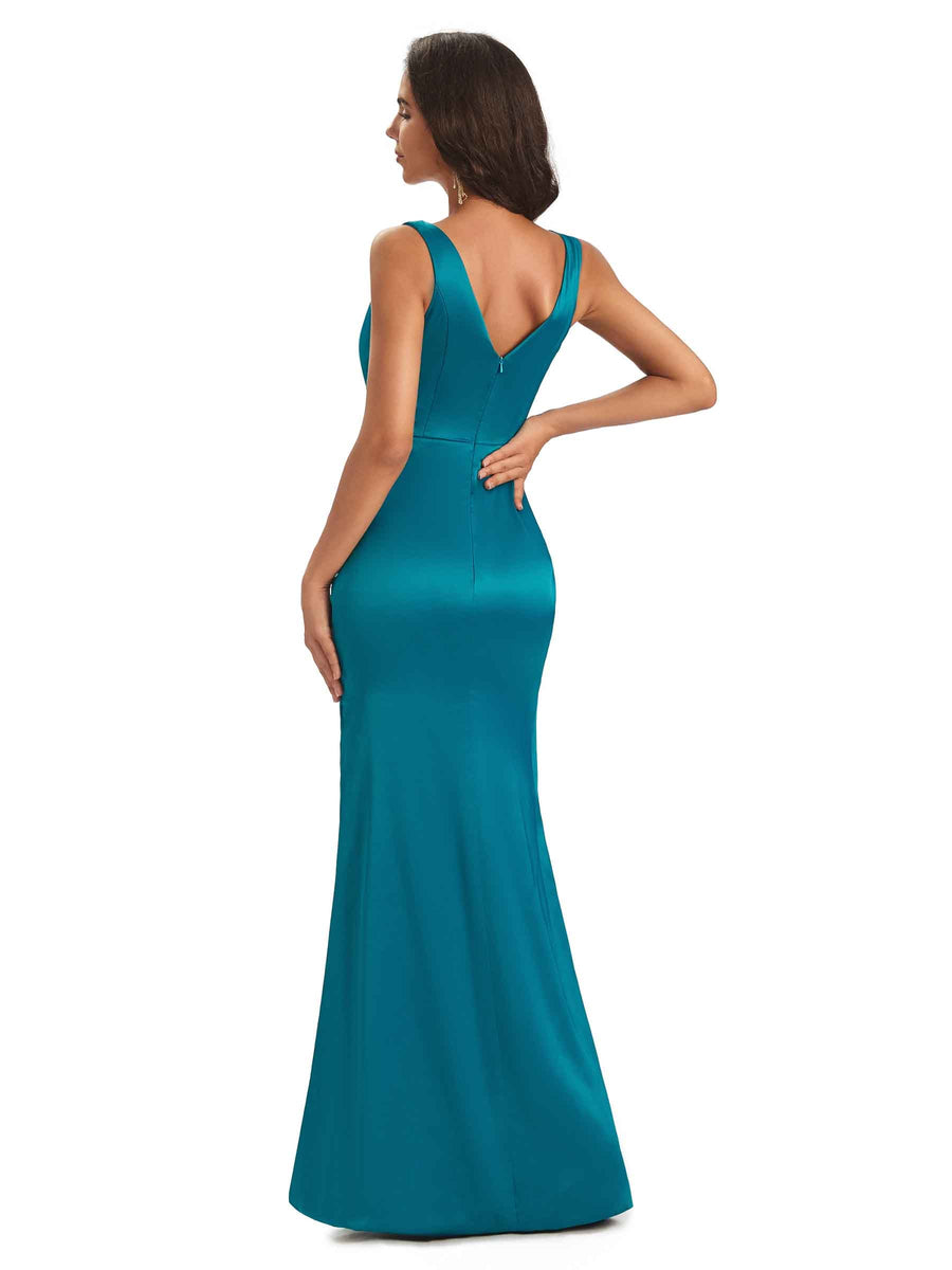 Sexy Unique V-neck Long Satin Prom Dresses Online With Slit