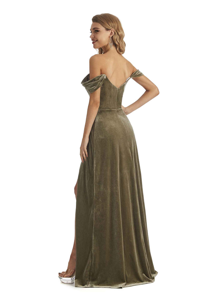 Elegant Mermaid Off the Shoulder Unique Velvet Winter Long Formal Dresses Side Slit