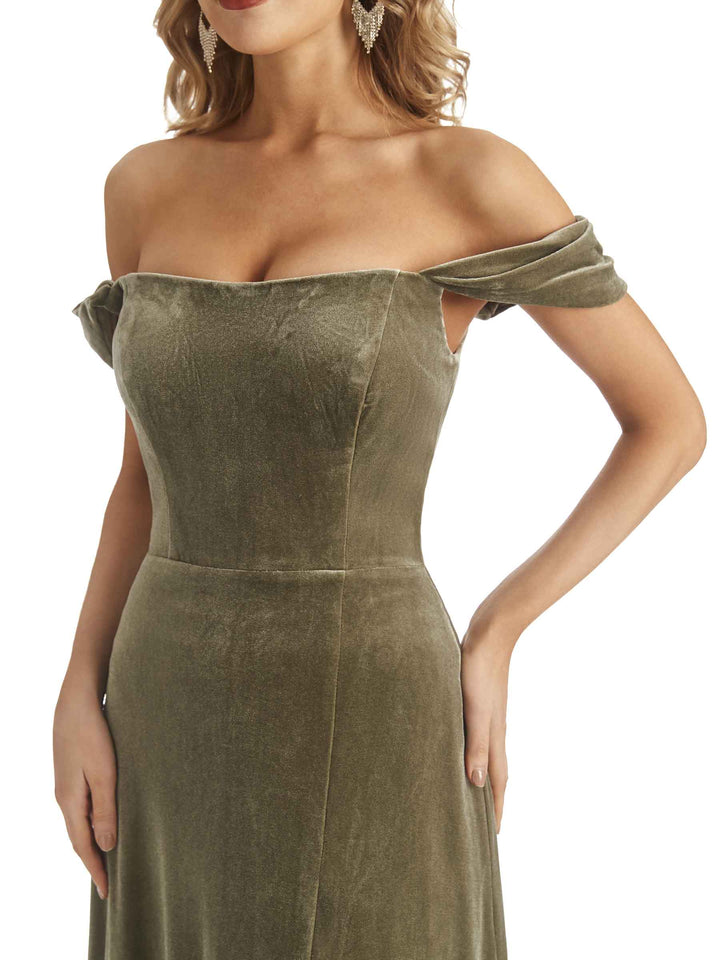 Elegant Mermaid Off the Shoulder Unique Velvet Winter Long Formal Dresses Side Slit