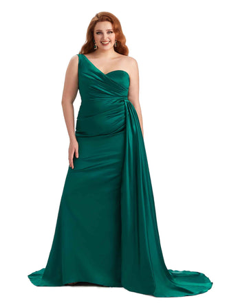 Sexy One Shoulder Mermaid Soft Satin Long Plus Size Bridesmaid Gowns