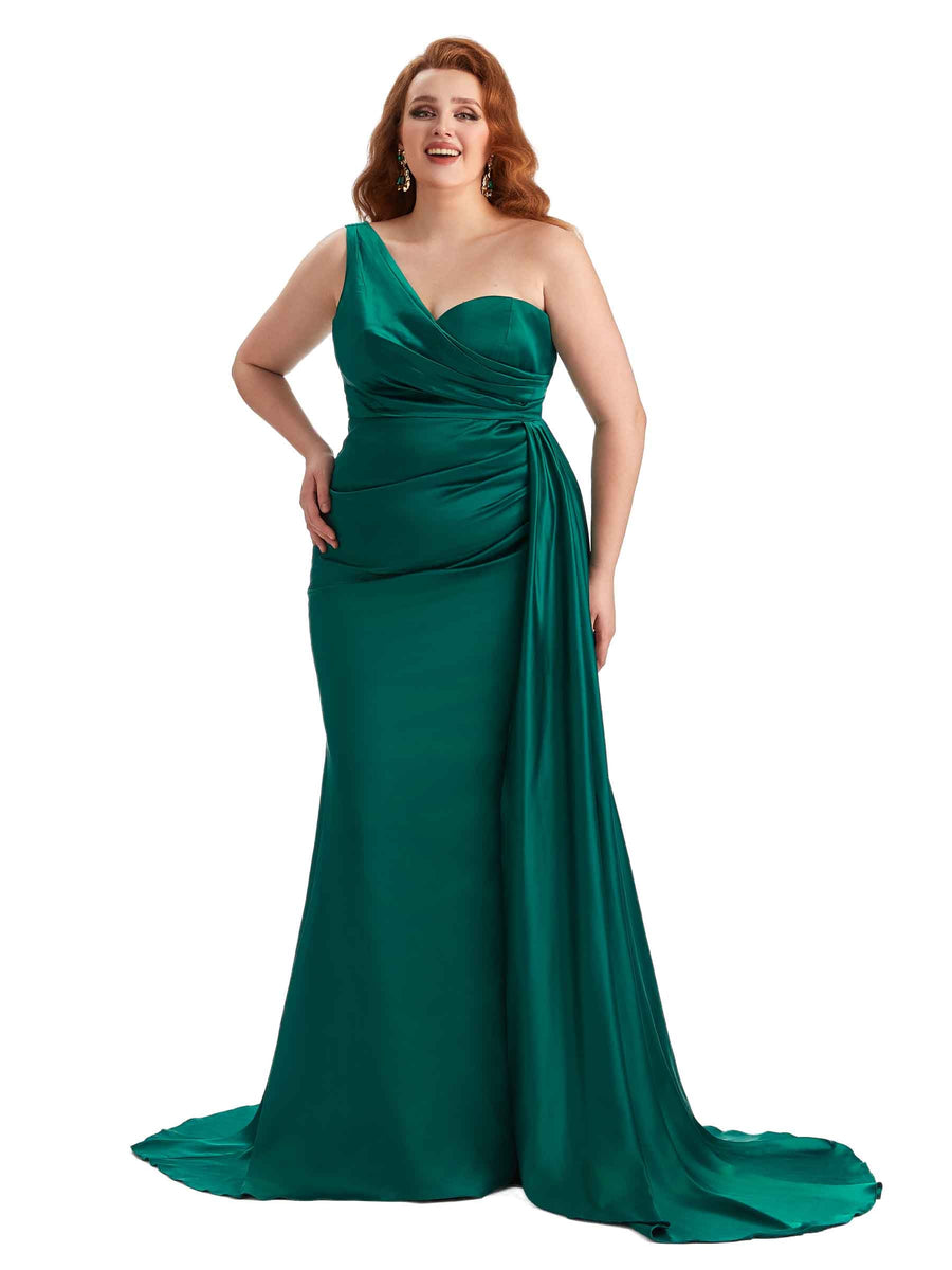 Plus Size Sexy One Shoulder Mermaid Soft Satin Long Bridesmaid Gowns