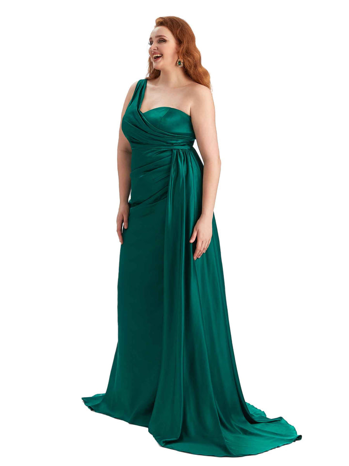 Plus Size Sexy One Shoulder Mermaid Soft Satin Long Bridesmaid Gowns