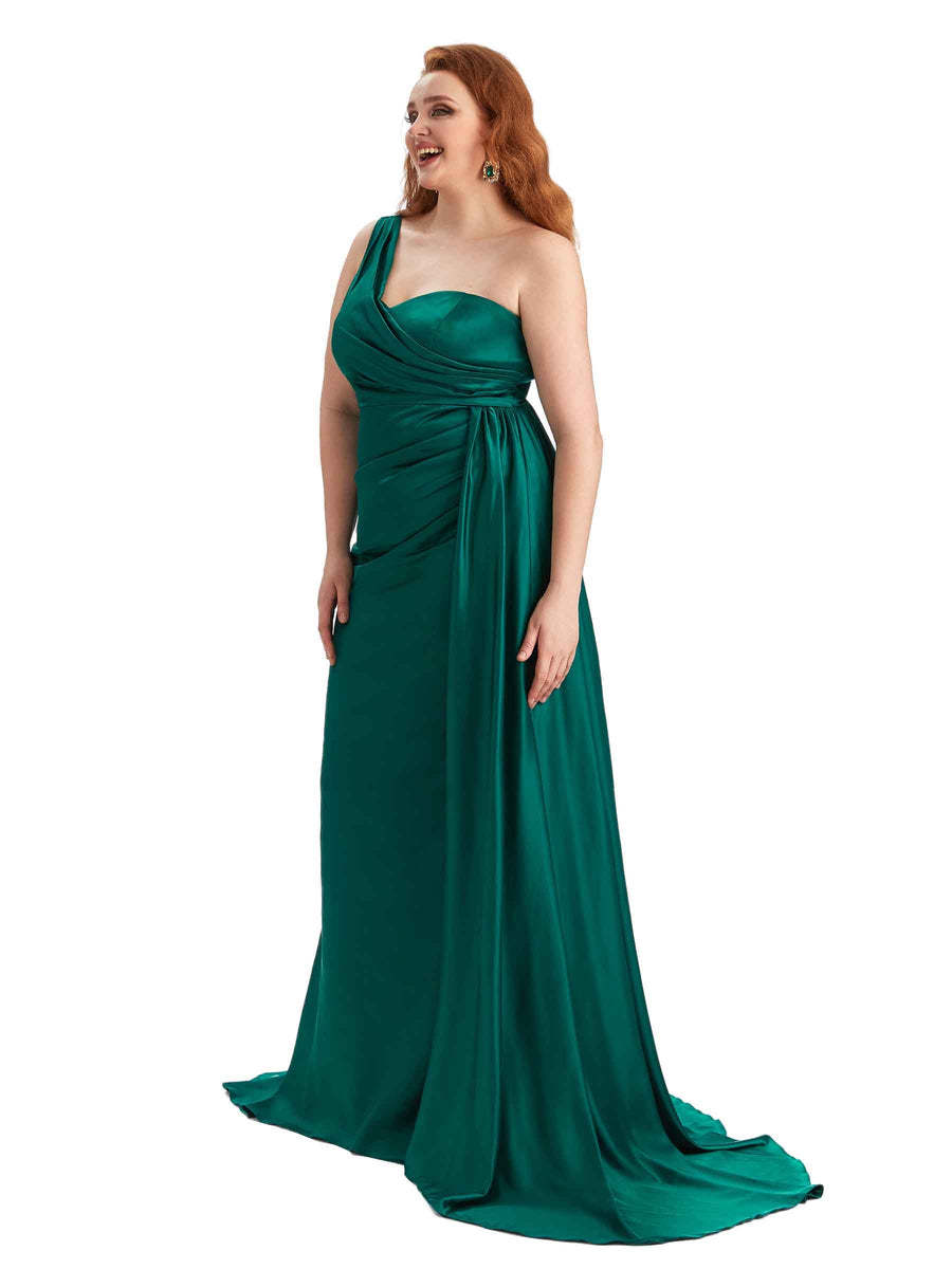 Plus Size Sexy One Shoulder Mermaid Soft Satin Long Bridesmaid Gowns