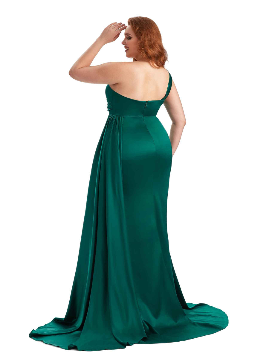 Plus Size Sexy One Shoulder Mermaid Soft Satin Long Bridesmaid Gowns