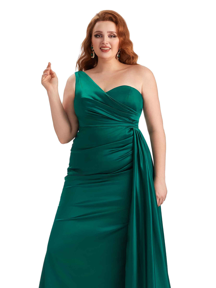 Plus Size Sexy One Shoulder Mermaid Soft Satin Long Bridesmaid Gowns