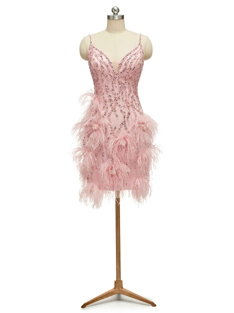 Pink Sheath Spaghetti Straps V-neck Short Party Prom Dresses, Evening Dresses Online - ChicSew Pink Sheath Spaghetti Straps V-neck Short Party Prom Dresses, Evening Dresses Online - ChicSew
