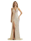 Sexy Side Slit Champagne Gold Sparkly Sequin Mermaid Formal Prom Dresses