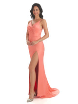 Sexy Soft Satin Side Slit Spaghetti Straps V-neck Long Mermaid Bridesmaid Dresses