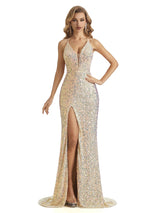 Sexy Side Slit Champagne Gold Sparkly Sequin Mermaid Formal Prom Dresses