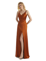 Simple Soft Satin Side Slit V-neck Formal Long Prom Dresses Online
