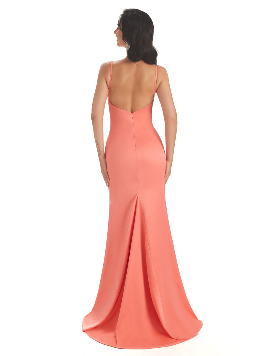 Sexy Soft Satin Side Slit Spaghetti Straps V-neck Long Mermaid Bridesmaid Dresses