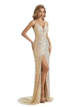 Sexy Side Slit Champagne Gold Sparkly Sequin Mermaid Formal Prom Dresses