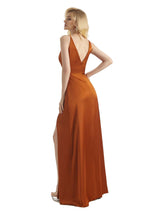 Simple Soft Satin Side Slit V-neck Wrap Formal Long Bridesmaid Dresses Online