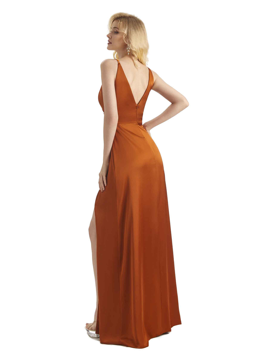Simple Soft Satin Side Slit V-neck Wrap Formal Long Bridesmaid Dresses Online