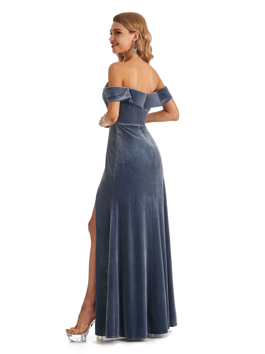 Elegant Mermaid Off the Shoulder Backless Velvet Side Slit Long Bridesmaid Dresses