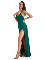 Simple Soft Satin Side Slit Spaghetti straps Unique Mermaid Bridesmaid Dresses
