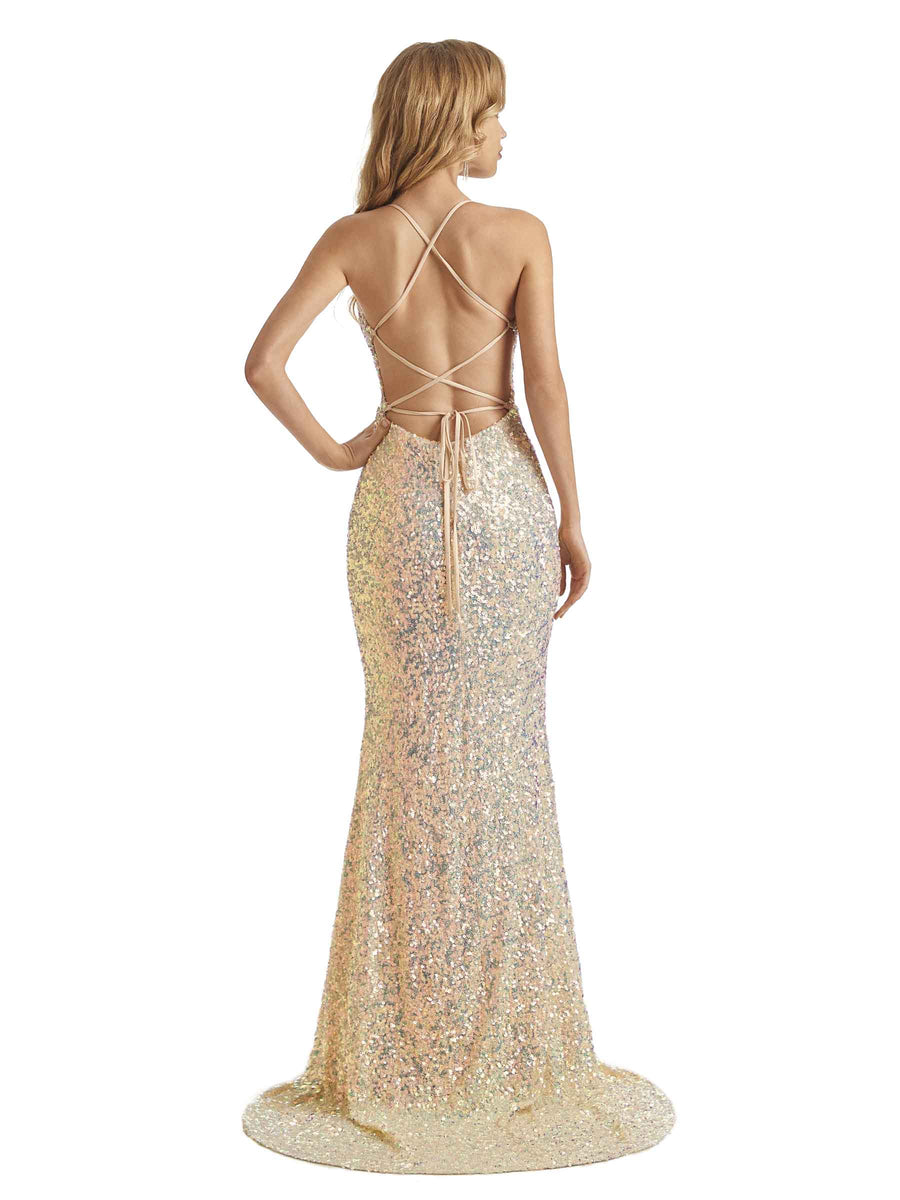 Sexy Side Slit Champagne Gold Sparkly Sequin Mermaid Formal Prom Dresses