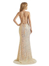 Sexy Side Slit Champagne Gold Sparkly Sequin Mermaid Formal Prom Dresses