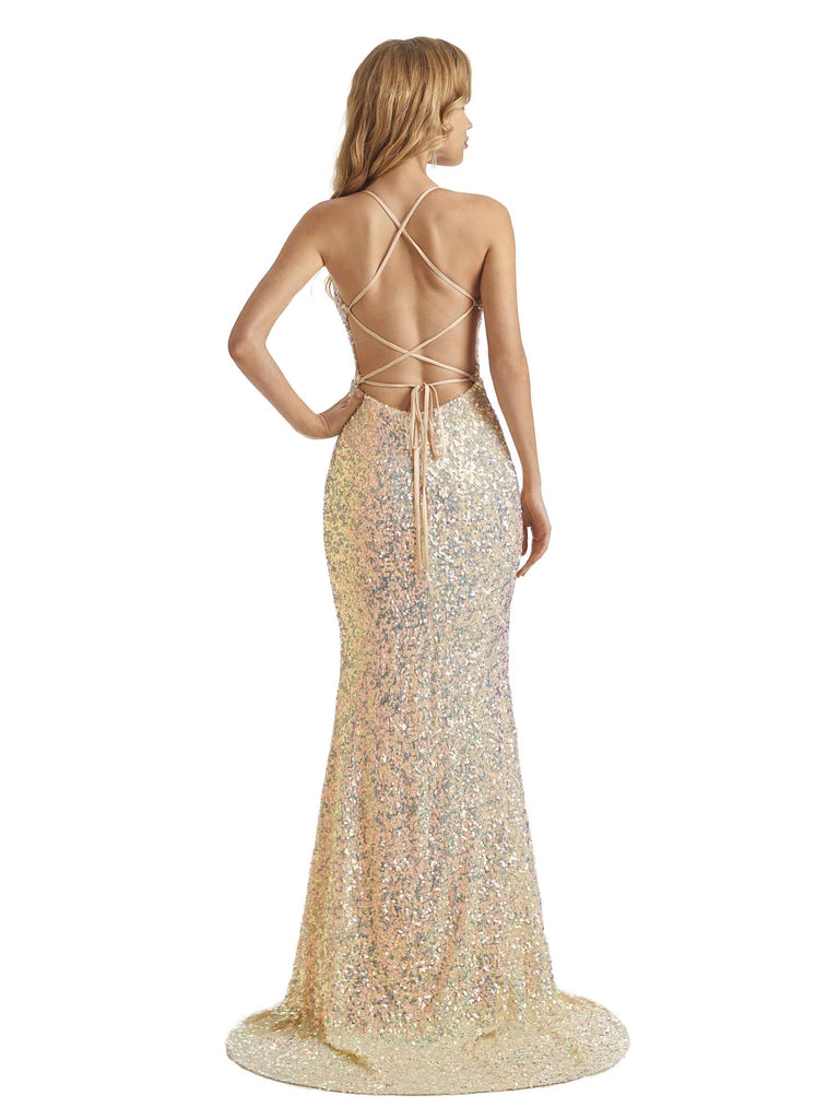 Sexy Side Slit Champagne Gold Sparkly Sequin Mermaid Formal Prom Dresses - ChicSew Sexy Side Slit Champagne Gold Sparkly Sequin Mermaid Formal Prom Dresses - ChicSew
