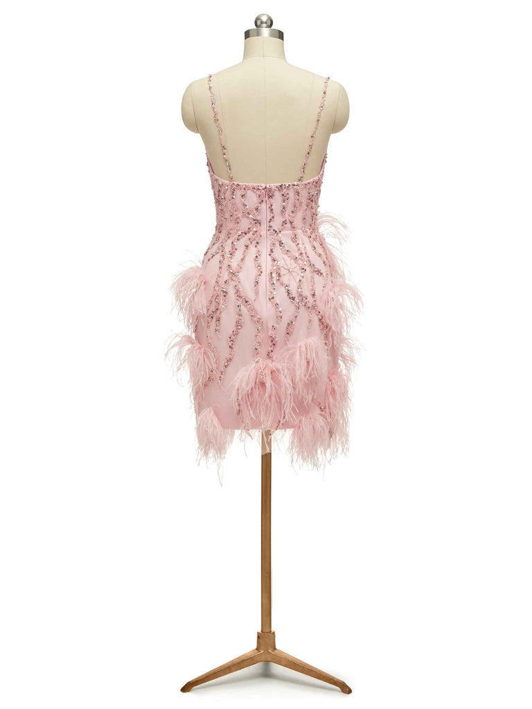 Cute Pink Spaghetti Straps Feather Short Cocktail Party Prom Dresses Online