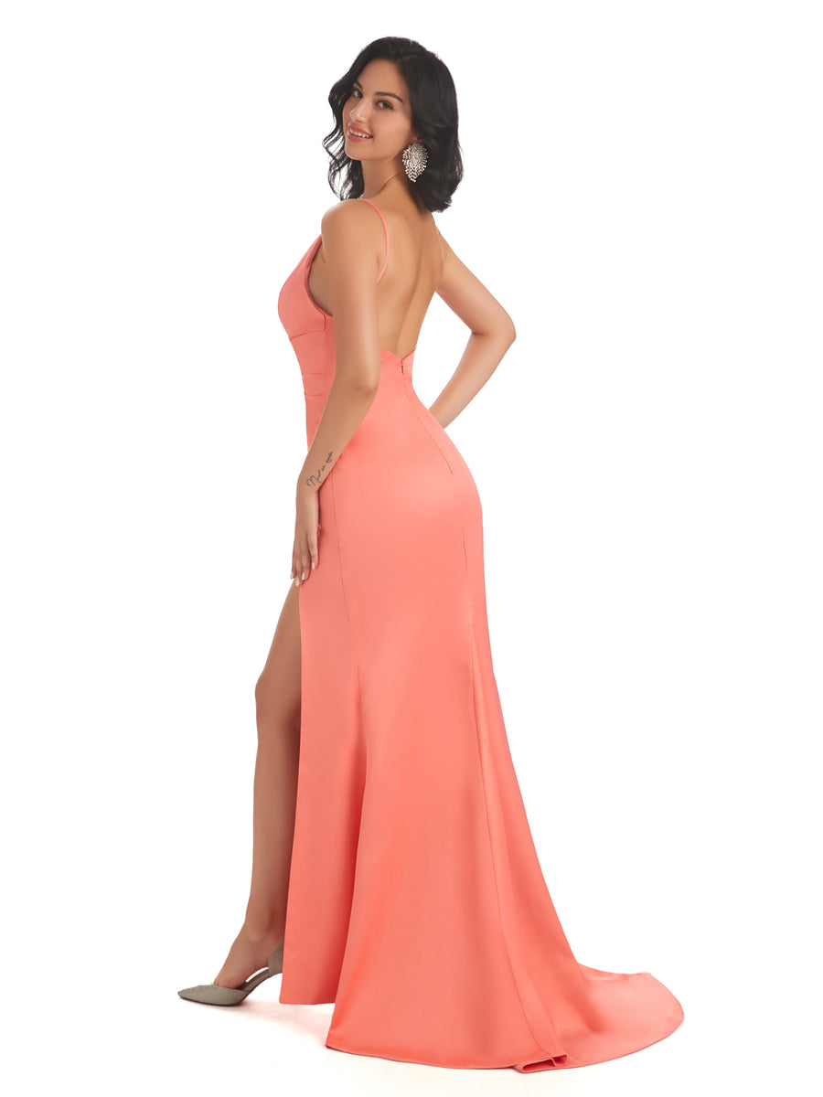 Sexy Soft Satin Side Slit Spaghetti Straps V-neck Long Mermaid Bridesmaid Dresses