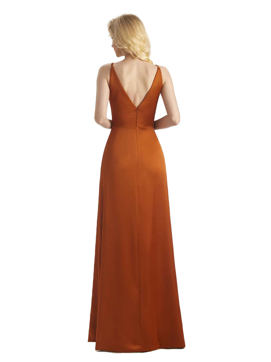 Simple Soft Satin Side Slit V-neck Wrap Formal Long Bridesmaid Dresses Online
