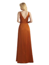 Simple Soft Satin Side Slit V-neck Formal Long Prom Dresses Online