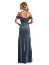 Elegant Mermaid Off the Shoulder Backless Velvet Long Wedding Guest Dresses Side Slit
