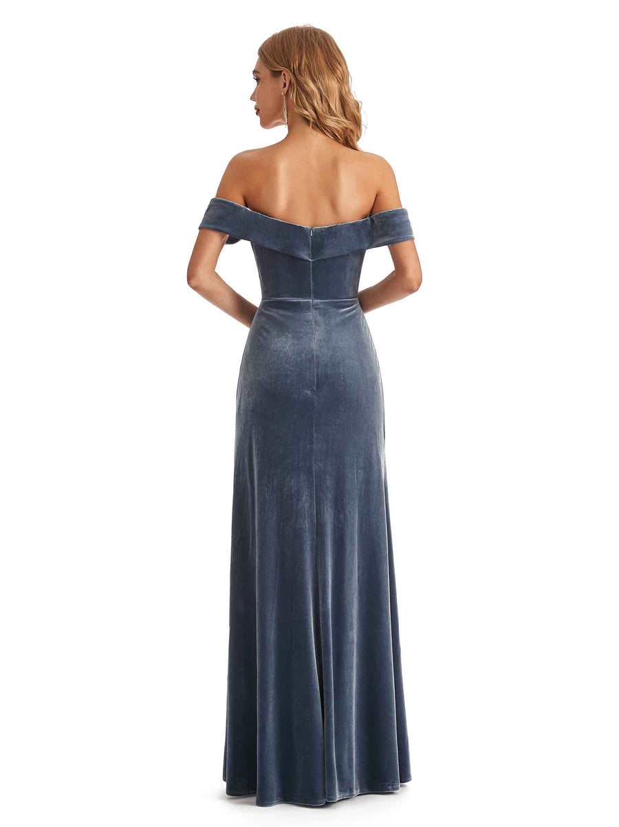 Elegant Mermaid Off the Shoulder Backless Velvet Side Slit Long Bridesmaid Dresses