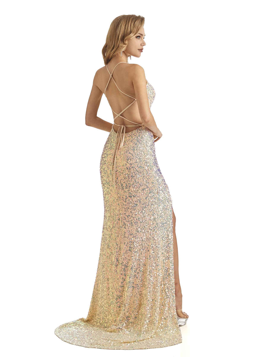 Sexy Side Slit Champagne Gold Sparkly Sequin Mermaid Formal Prom Dresses