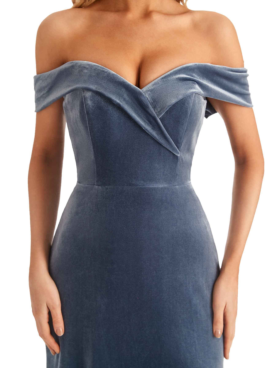 Elegant Mermaid Off the Shoulder Backless Velvet Side Slit Long Bridesmaid Dresses