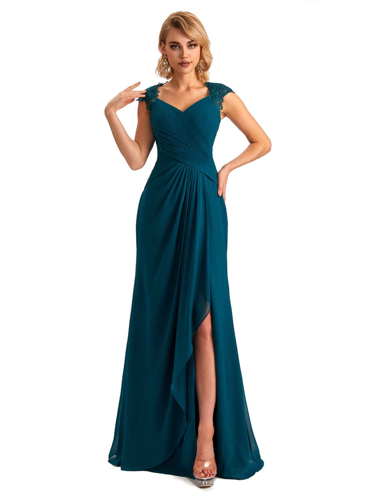 Elegant Side Slit Chiffon Cap Sleeves Long Mother of the Brides Dresses Online
