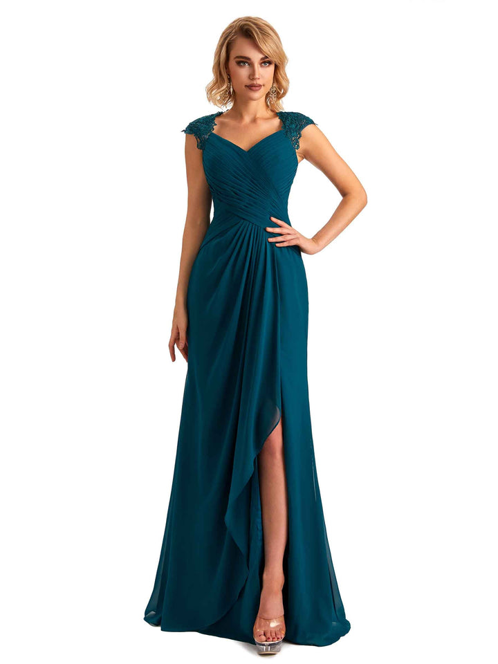 Elegant Side Slit Chiffon Cap Sleeves Long Mother of the Brides Dresses Online